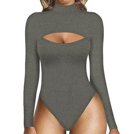 FUNUONY Big Sale! Women s Mock Neck Cutout Front Long Sleeve Slim Fit Bodysuit Leotard Top Neck Cutout Front T Shirt Long Sleeve Short Sleeve Bodysuit for Women Grey M
