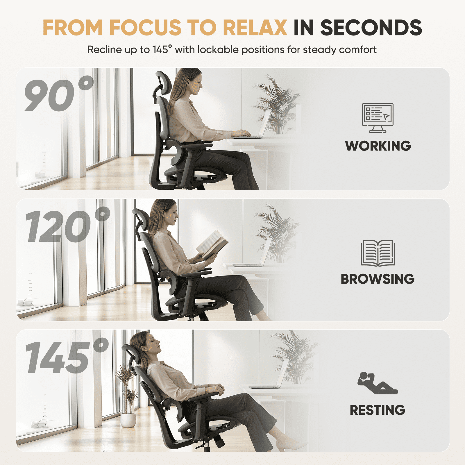 Magshion 1pc Ergonomic Office Chair with Adjustable Lumbar Support, 3D Armrests, 145° Recline & Headrest, High Back Desk Chair