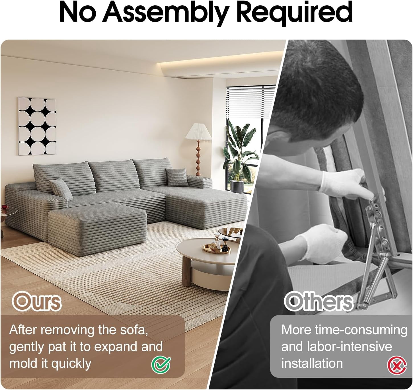 Sailvan 107" Cloud Sectional Couch, Cloudy Sofa with L-Shape Chaise & Ottoman, Upholstered Couches for Living Room & Bedroom, No Assembly Required, Plush Corduroy Fabric, Gray