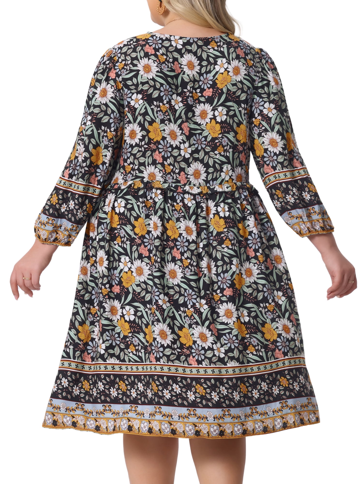 DARING DIVA Women's Plus Size Casual Boho Floral V Neck 3/4 Sleeve Dress 2X Black Yellow