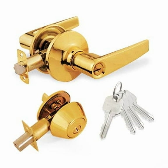 Polished Brass Entry Lock Set Door Lever Handle and Deadbolt Keyed Alike KW1 Keyway. 12 Total Keys, Keyed Alike by Set