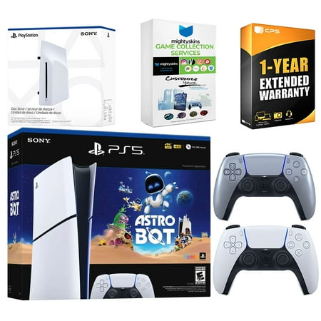 Sony PlayStation 5 Astro Bot Slim Digital Bundle with Disc Drive, Extra Controller, MightySkins Game Collection Services and 1 Year Extended Warranty - Sterling Silver