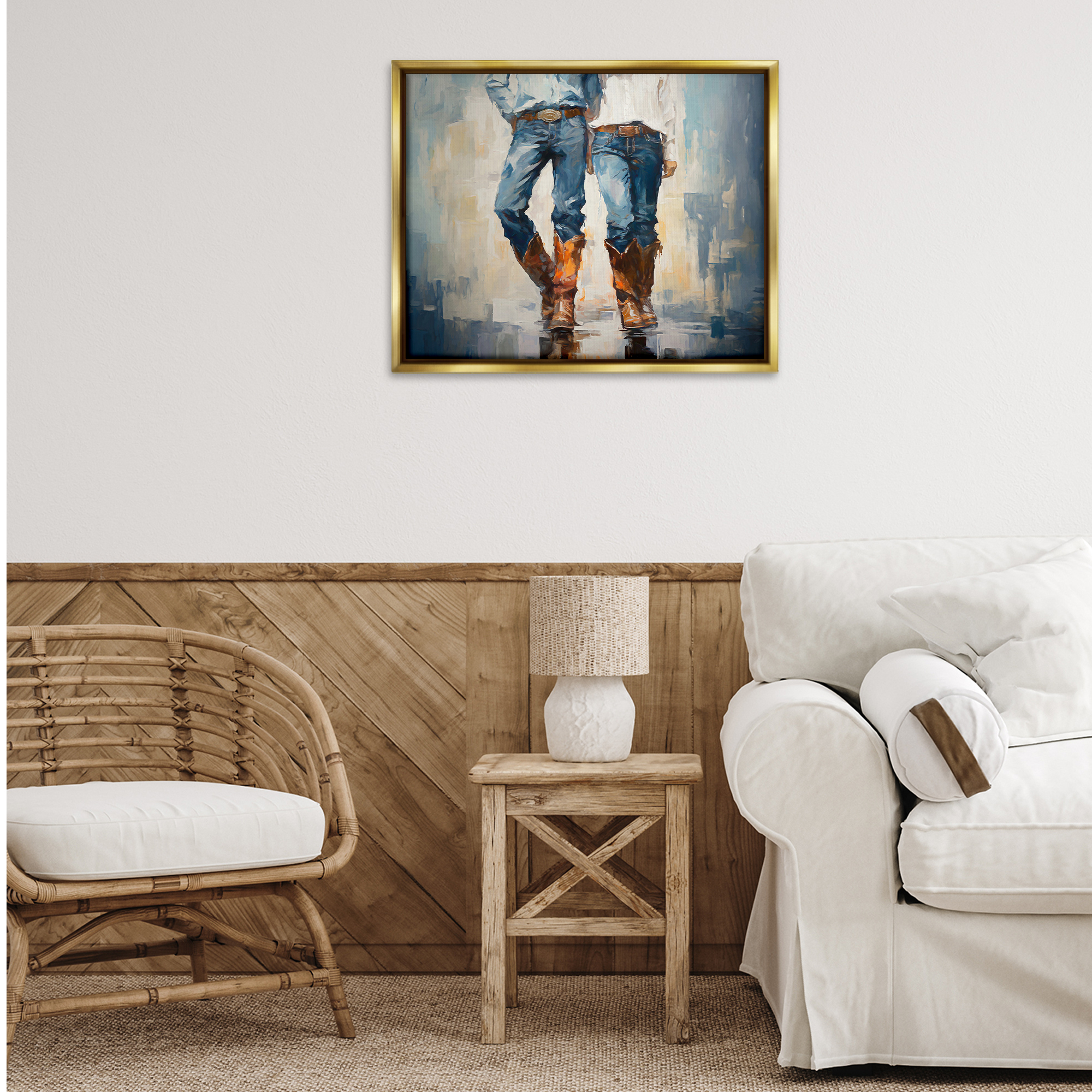 Stupell Industries Cowboy & Cowgirl Couple Novelty Painting Gold Floater Framed Canvas Art Print Wall Art, 31 x 25