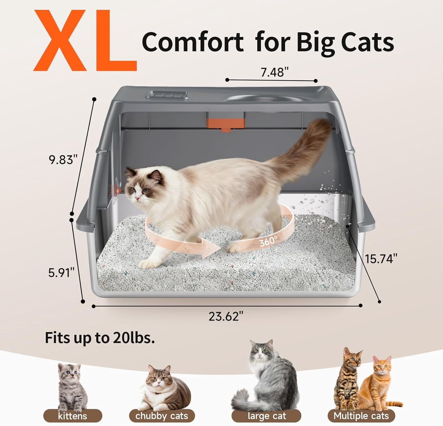Dog Proof Front Entry Top Exit, High Sided Enclosed Metal Cat Litter Pan, Extra Large Stainless Steel Litter Box with Lid, Includes Scoop & Step, Odor Control Easy Clean Leak Proof