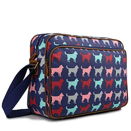 Miss Lulu Matte Finish Oilcloth Satchel Messenger Bag Dog Navy