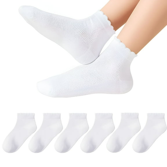 TELOLY Girls White Ruffle Socks School Uniform Kids Cotton Crew Ankle Cute Frilly Dress Socks 5 Pack