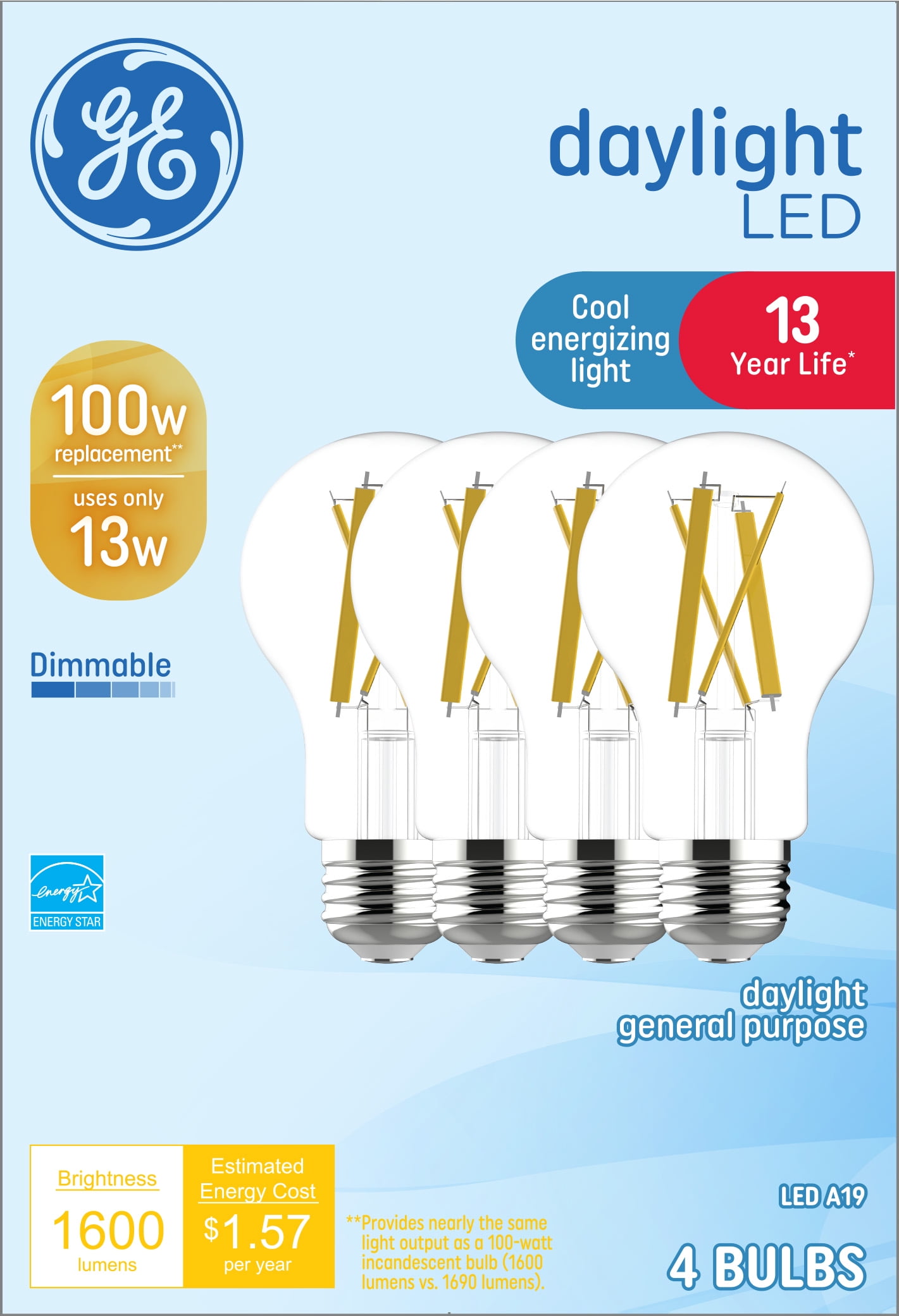GE Daylight LED Light Bulbs, 100 Watt Eqv, A19 General Purpose, 13 year, 4pk