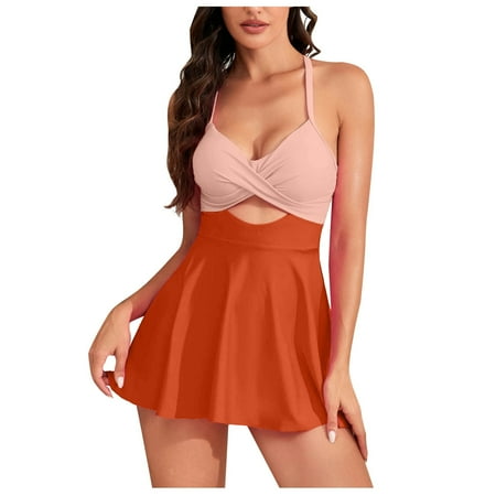 DJskiyers Women Swimsuit Dress 2025 Summer Bathing Suit One Piece Swim Dress Color Block Swimwear Halter Swim Suit Cruise Wear