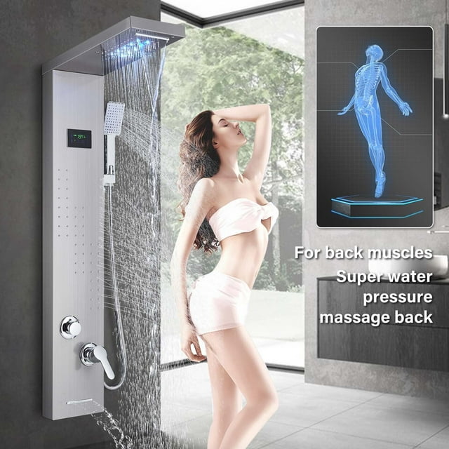 Panneau de Douche en Acier Inoxydable Nickel Brossé Système de Tour LED Pluie & Cascade Pulvérisateur à Jet