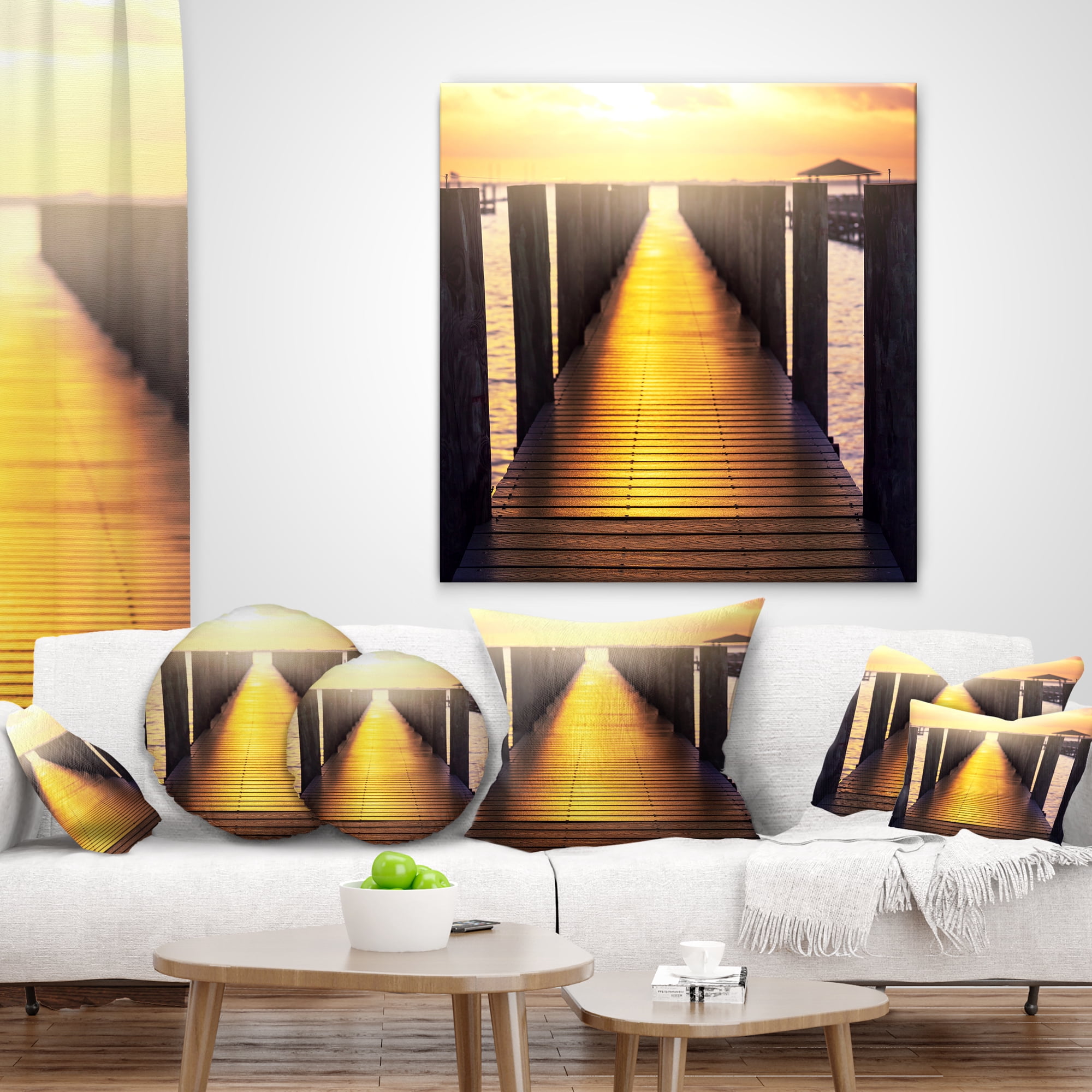 Designart Sea Bridge with Sunset Reflection - Seashore Throw Pillow - 16x16