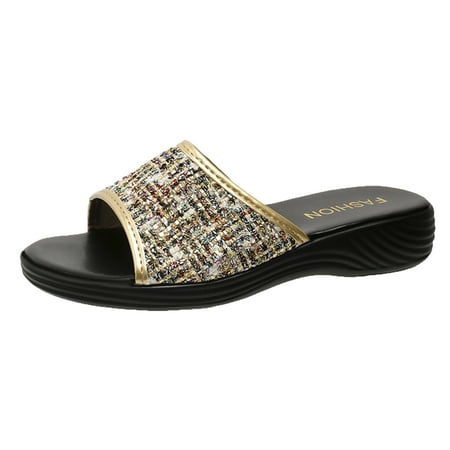 OJSFQUFP Women Shoes Casual Women Summer Cloth Slip On Casual Open Toe Flat Soft Bottom Breathable Slippers Shoes Sandals Womens Slipper Gold 37
