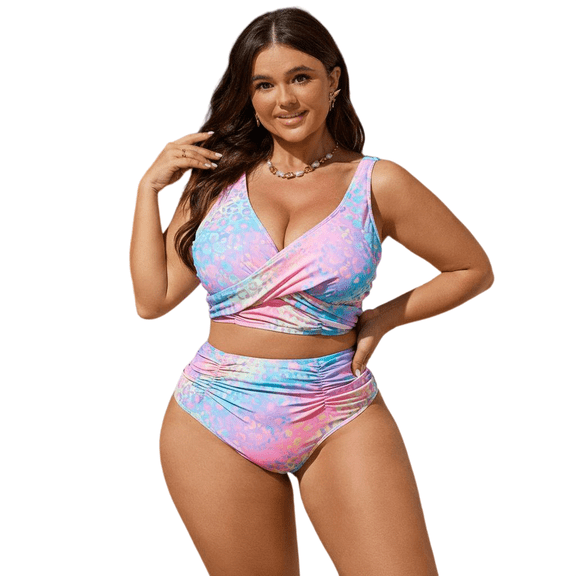 Women's Plus Size Pastel Tie Dye Leopard Wrap Bikini Two Piece Set, Wide Strap V Neck Ruched Crop Tankini Top & High Waist Side Ruched Tummy Control Bikini Brief, Curvy Full Support Bathing Suit for