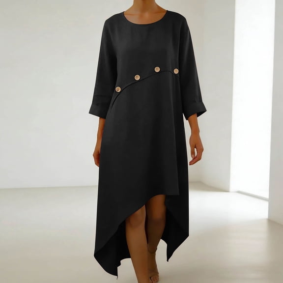 Nmnitkp Dresses for Women Linen Blend Midi Dress, 3/4 Sleeve Crew Neck Decorative Button Asymmetrical Hem Loose Fit Casual Summer Dresses for Women Beach Vacation & Daily Wear Black,S