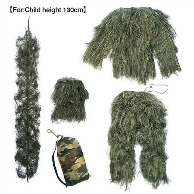 Camouflage Children Suit Outdoor Hunting Kids Clothing Top Pant Cap Rope Storage Bag Set, Jungle, 130cm Height Under