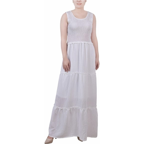 NY Collection Womens Smocked Tiered Maxi Dress, White, Petite, P/PS