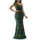 thumbnail image 1 of Vestido largo Cololura con lentejuelas de un solo hombro, color verde sirena, para mujer, 1 of 9