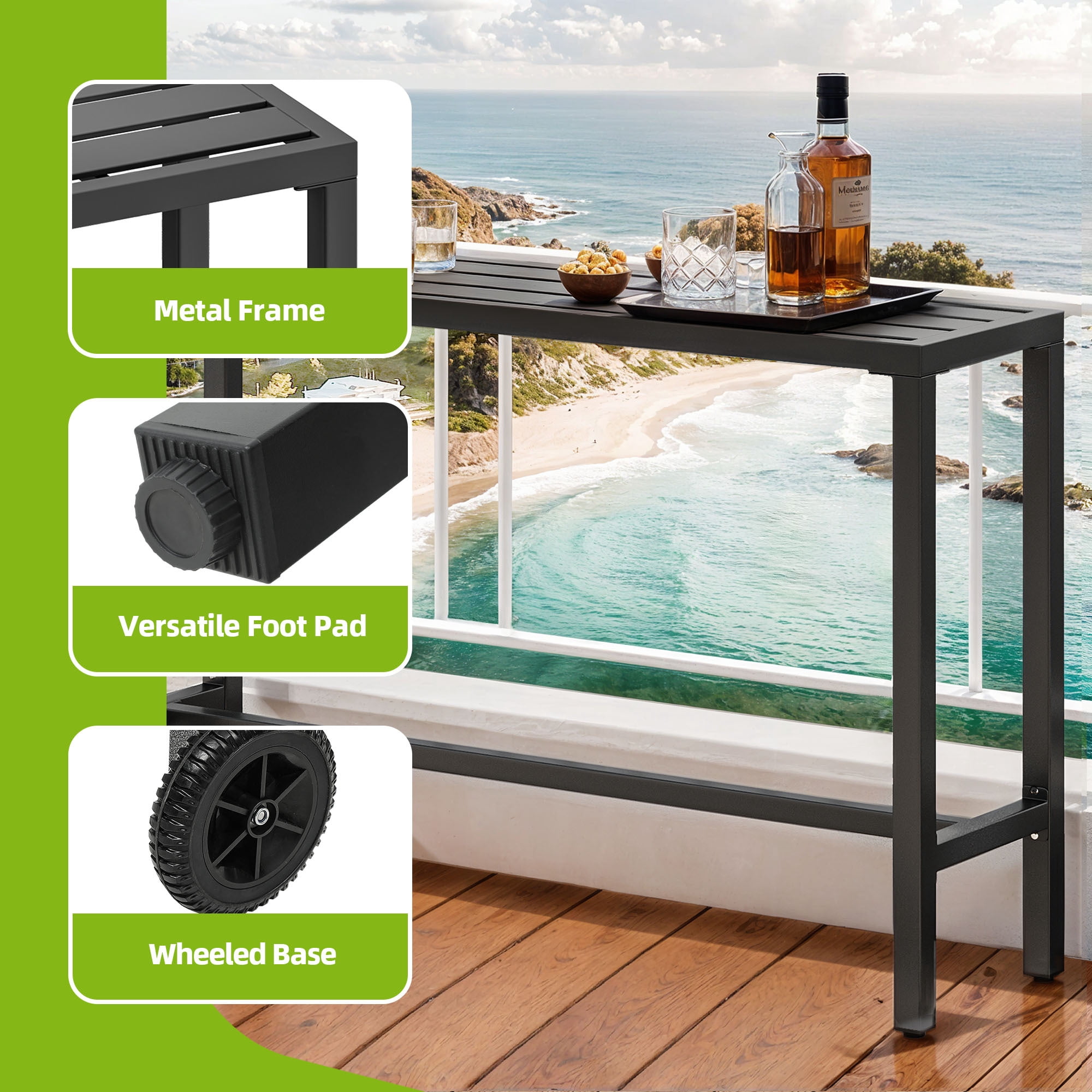 Uforic 55 Inch Outdoor Bar Table, Rectangle Narrow Counter Height Patio Table, Suitable for Balcony Patio Garden Yard Poolside, Black