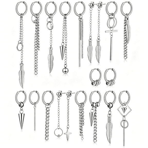 DESIGNICE 20 Pieces Men Dangle Earrings Stainless Steel Huggie Hinged Hoop for Women