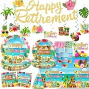 Tropical Retirement Party Decorations, Luau Aloha Hawaiian Beach Themed Retirement Party Supplies Including Banner Paper Plates and Napkins Sets Cake Toppers and 2 Pcs Tablecloth