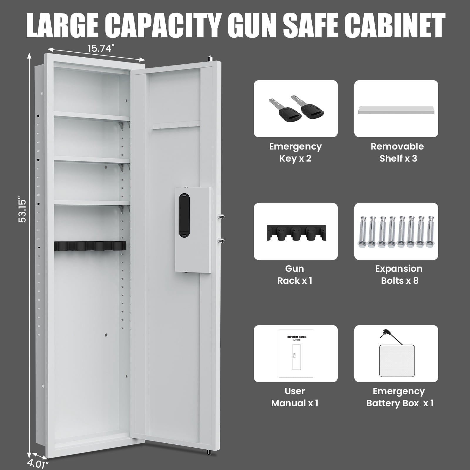 53.15" Wall Gun Safes,  Dual Alarm System And Silent Mode, Gun Cabinet With 3 Adjustable Shelves, Magnetic Slot And Key Hook