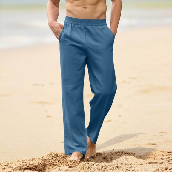 Men's Solid Color Loose-Fit Casual Pants with Elastic Waistband and Multiple Pockets