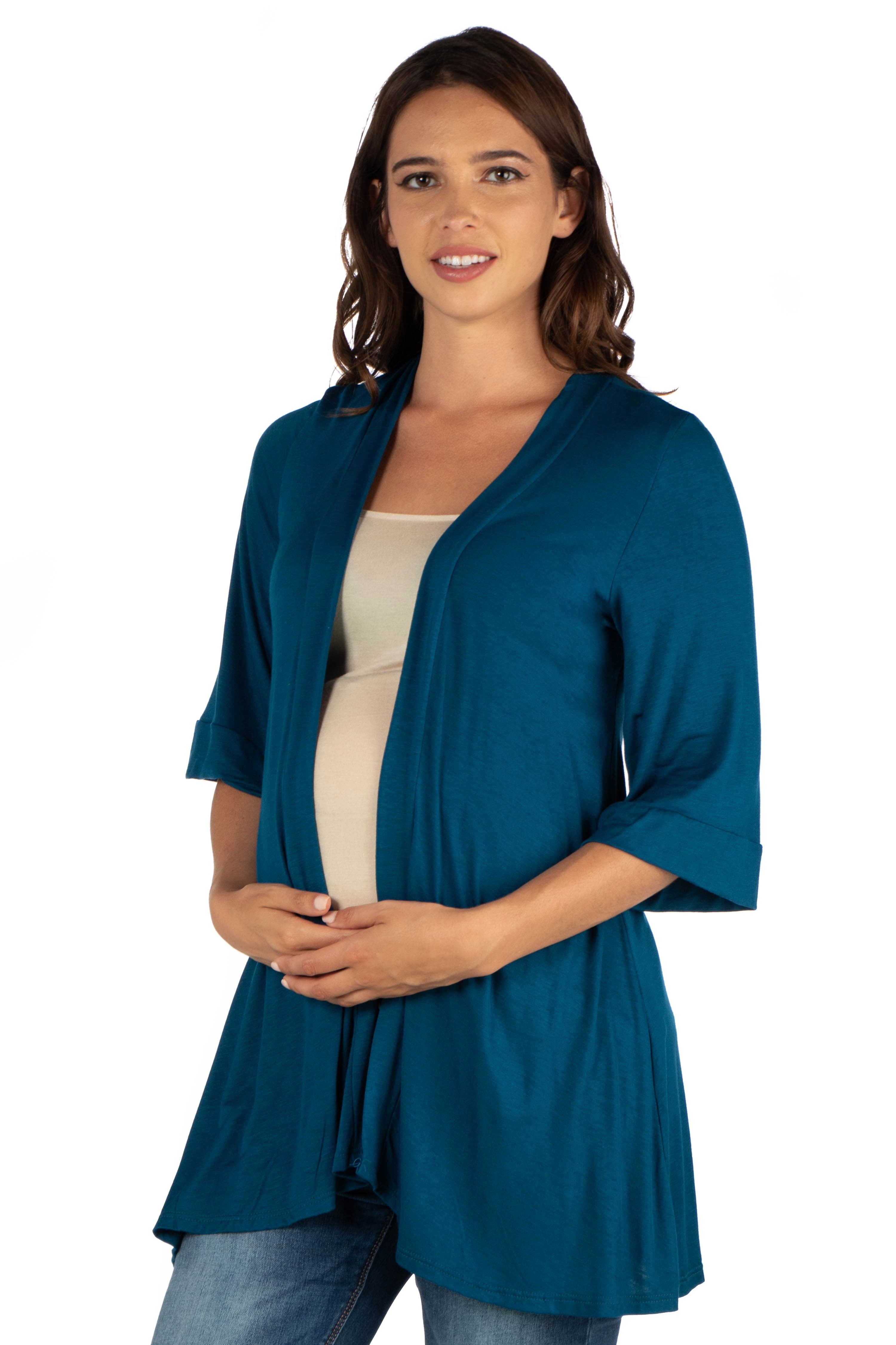 24seven Comfort Apparel Elbow Length Sleeve Open Front Maternity Cardigan