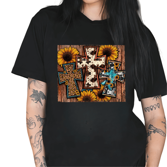 Cozymy Women's Western Cow Leopard Print Cross Sunflower Faith Casual Short Sleeve Religious Boho Vintage T-Shirt Tops
