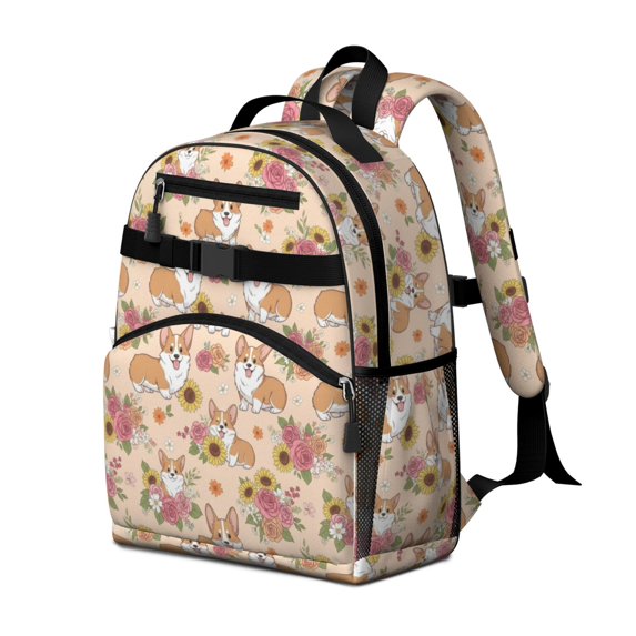 Corgi and Sunflower Pink Pattern Cute School Backpack Bag for School with Padded Back and Adjustable Shoulder Straps 15.25"x11.5"x5.25"