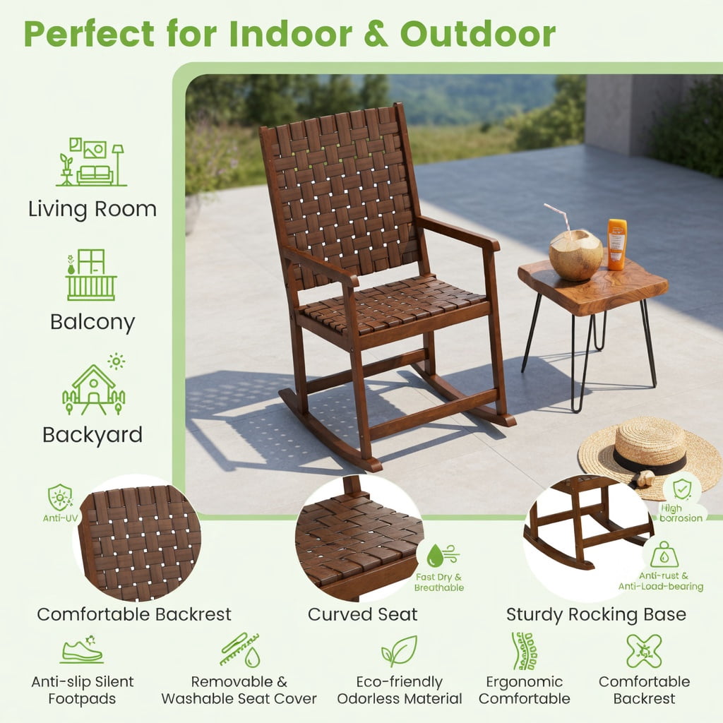 Hommoo Rubber Wood Patio Rocking Chair with PU Leather Seat, Indoor & Outdoor Balcony, Backyard, Living Room Rocker, Sturdy, Easy Assembly, Brown