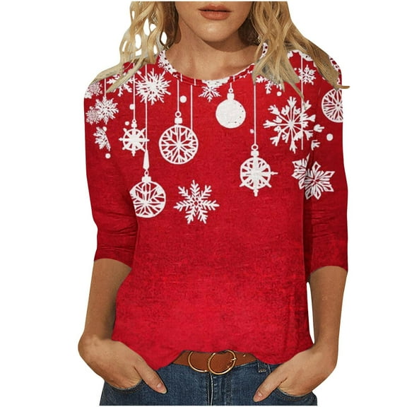 WXLWZYWL Christmas T-Shirts for Women Funny Snowflake Plus Size 3/4 Sleeve Tops Crewneck Vacation Pullover