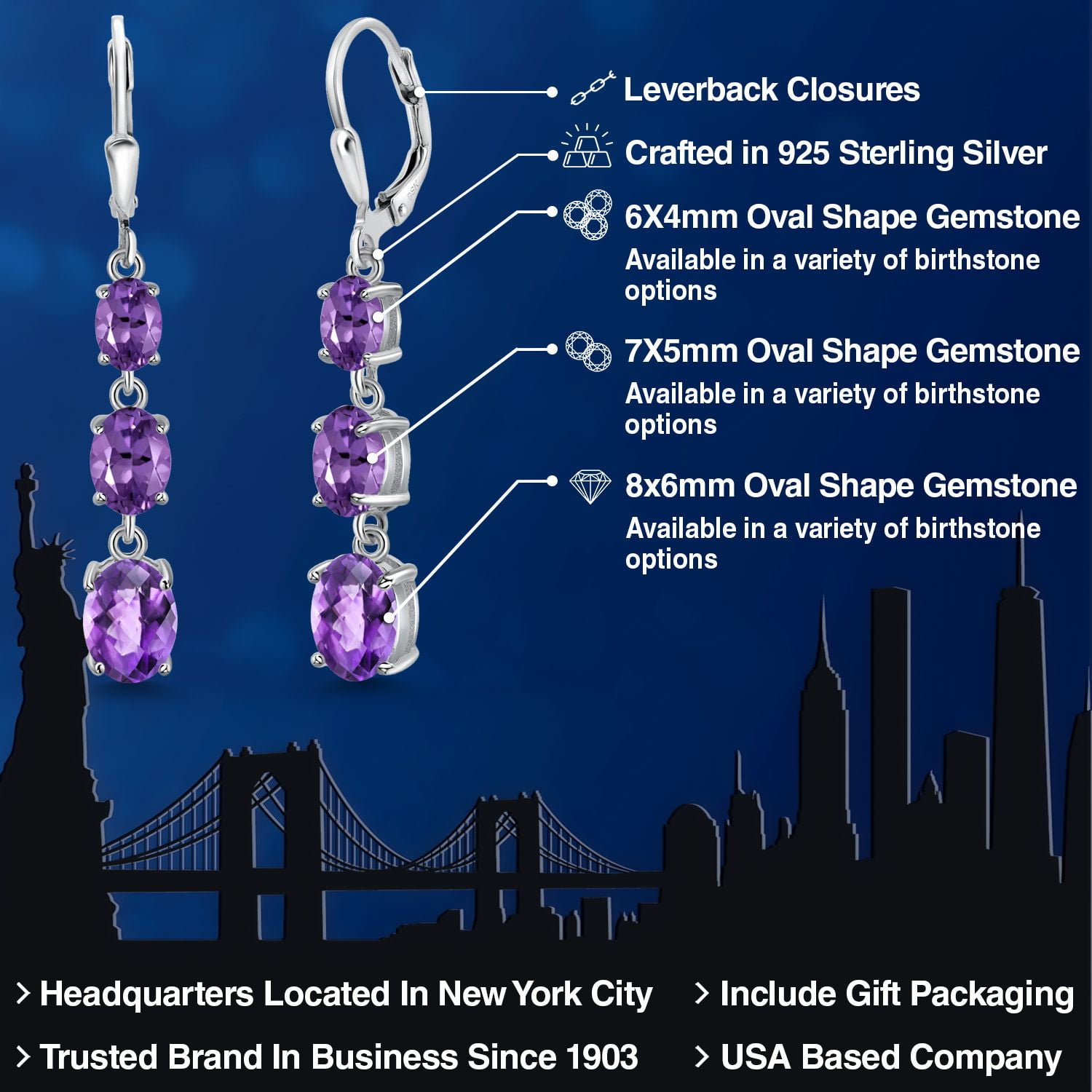 Gem Stone King 925 Sterling Silver Purple Amethyst 3 Stone Dangle Earrings for Women (4.80 Cttw, Gemstone February Birthstone, Oval Checkerboard 8X6MM, 7X5MM and 6X4MM)