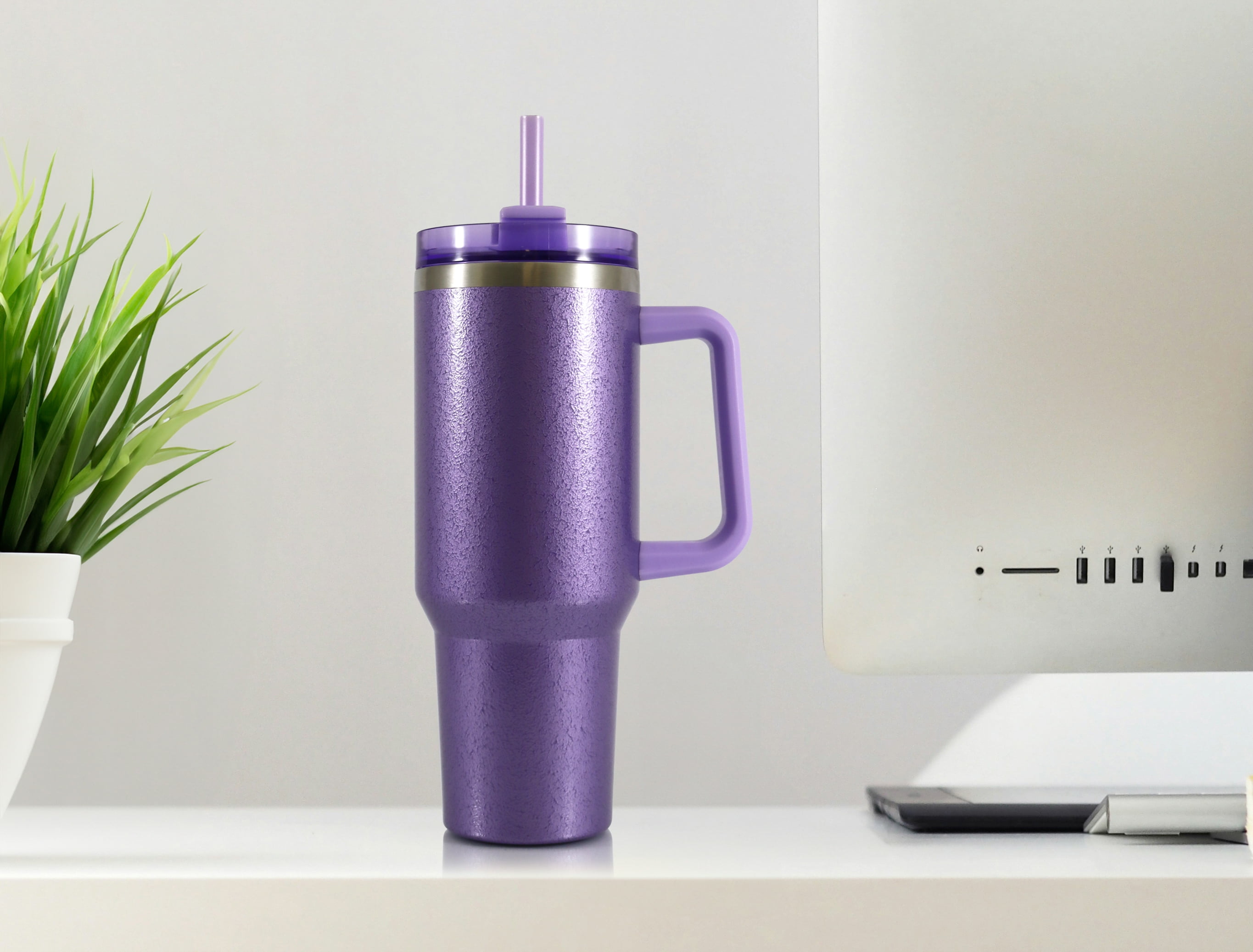 Mainstays 40 oz Stainless Steel Tumbler with Straw and Handle, Double Wall Insulated, Purple Hammertone
