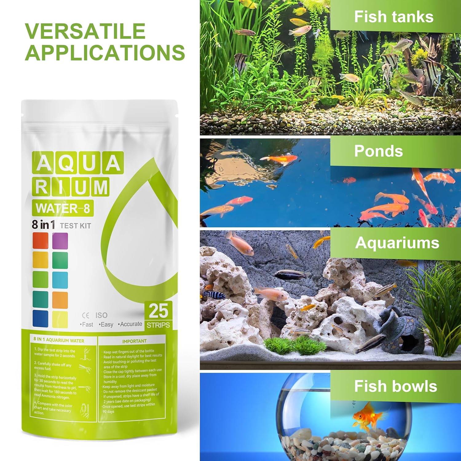 AAwipes Aquarium Ammonia Test Strips 8-in-1 |250 Strips Bag Packs| Quick & Accurate Water Testing Test pH, Carbonate, Alkalinity, Hardness, Chlorine, Nitrite, etc. (K02-250)