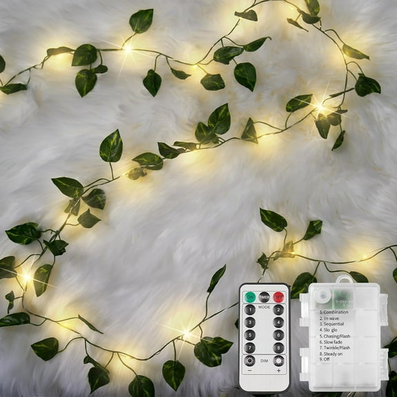Vine and Fairy Lights Battery Powered, 33ft 100 LED Green Ivy Light String with Remote Control, Leaf Lights for Bedroom, Room, Wall, Garden, Party, Wedding Decoration (Warm White)