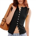 thumbnail image 2 of Camiseta Sin Mangas de Verano para Mujer, de Punto, con Cuello Redondo, Botones Delanteros y Canalé, Ajustada, Sin Mangas, Color Negro, Talla S, 2 of 9