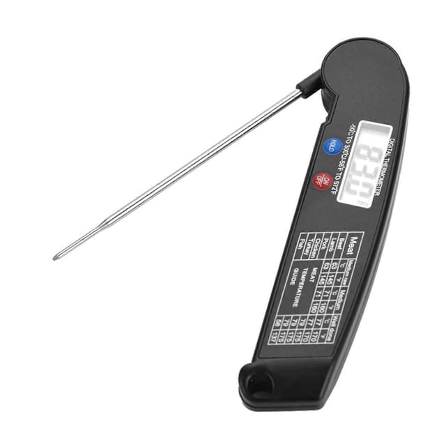 waterproof digital meat thermometers folding ultra fast read thermometers for deep fry termómetro digital plegable negro, vista frontal 3/4 con sonda de acero inoxidable desplegada; pantalla LCD legible con dígitos, botones azul y rojo, tabla de temperaturas impresa en el cuerpo y cierre de gancho. Rango de medición -50 a 300 °C; adecuado para carnes, aves, pescados y productos horneados.
