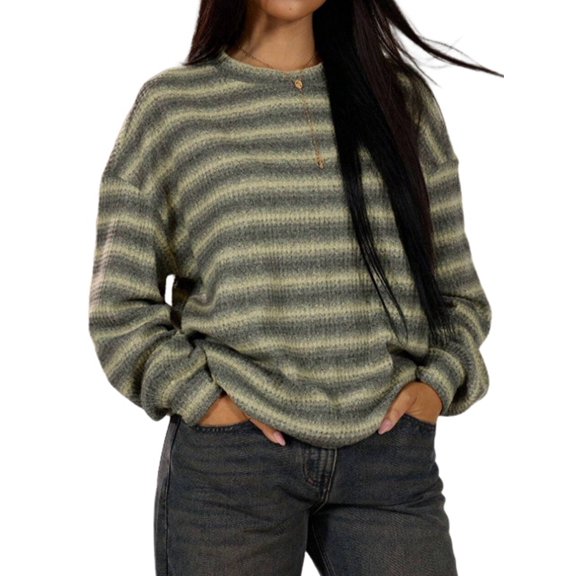 Women's Striped Sweater Waffle Knit Tops for Women Long Sleeve Shirts Light Weight Fall Tops Green S