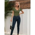 thumbnail image 3 of Women Ribbed Short Sleeve Shirts Scoop Neck Slim Fitted Basic Tees Tops Summer Trendy, 3 of 4