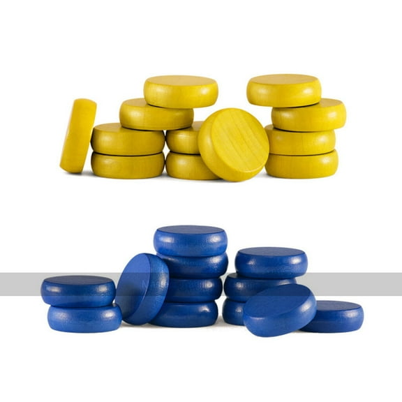 Set of Crokinole disks (12 blue, 12 yellow plus 2 spares)