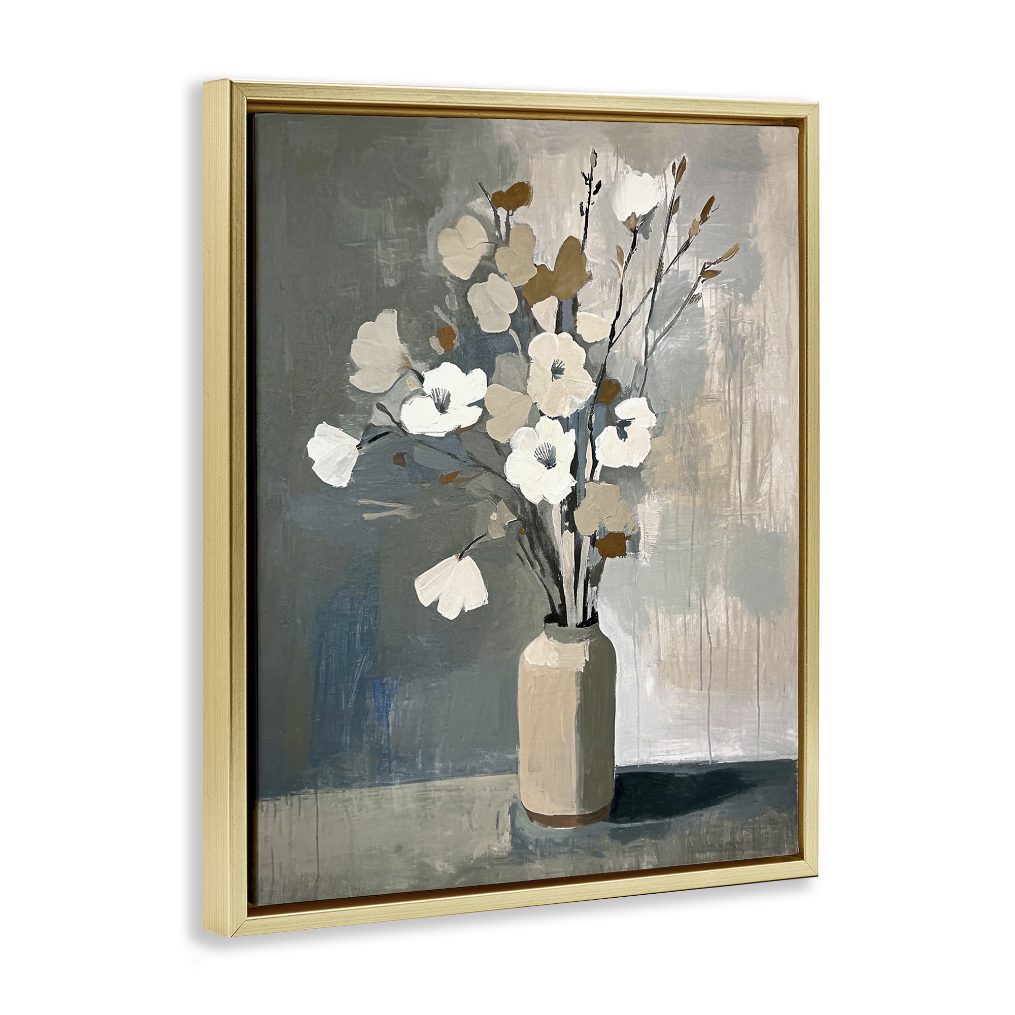 Stupell Industries Natural Floral Vase Botanical & Floral Painting Gold Floater Framed Canvas Art Print Wall Art, 17 x 21