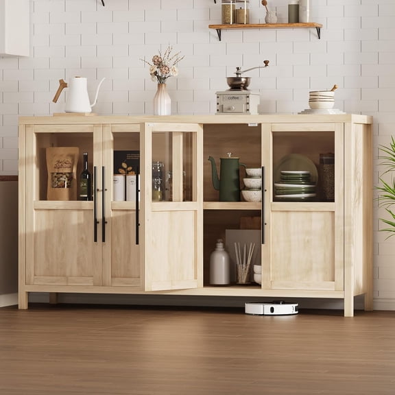 Studyset 55" Large Buffet Sideboard Cabinet with 4 Glass Doors and Shelves,Wood Cabinet Sideboard with Storage Modern Farmhouse Storage Cabinet Table for Kitchen Dining Room, Living Room, Hallway