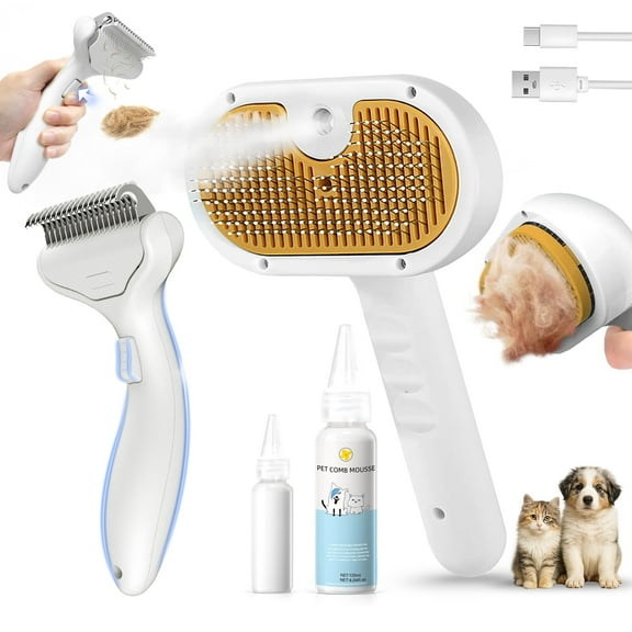 3-in-1 Pet Steam Brush Set for Dogs & Cats, Grooming Comb with Spray, Defur Tool, Water-Assisted Hair Removal, Spritz Brush, Multi-Purpose Kit, Undercoat Rake, Deshedding Brushes, Dematting Brush.