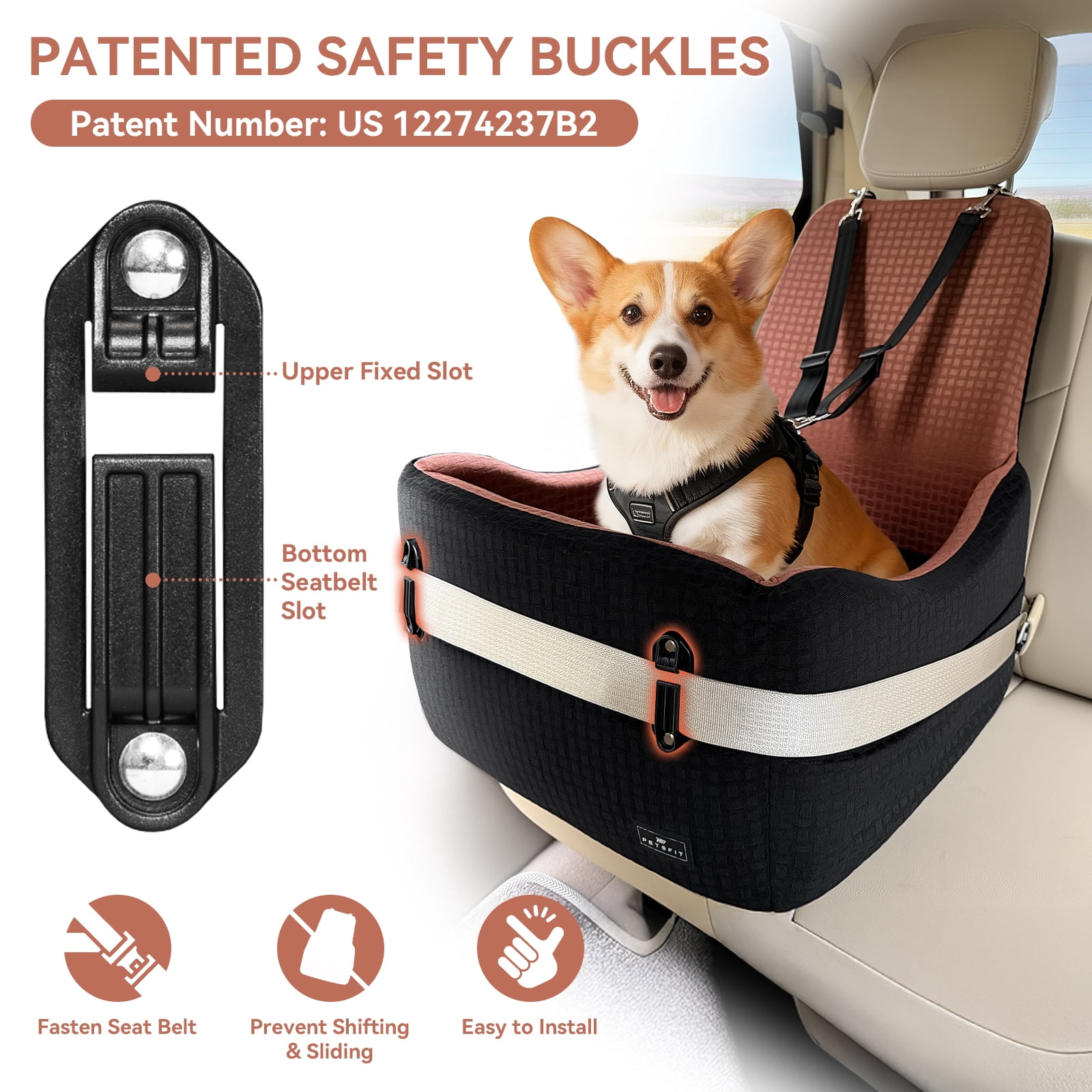 PETSFIT Dog Car Seat for Small/Medium Dogs Up to 35 lbs – Patented Safety System, 6" Memory Foam Pet Booster Car Seat, Fully Detachable and Washable (Black/Brown)