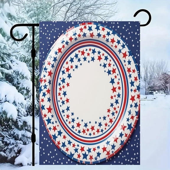 RKSupls Patriotic Linen Double Sided Garden Flag, Independence Day Themed Yard Decor, Patriotic Paper Plate Design Outdoor Banner for Holiday Lawn