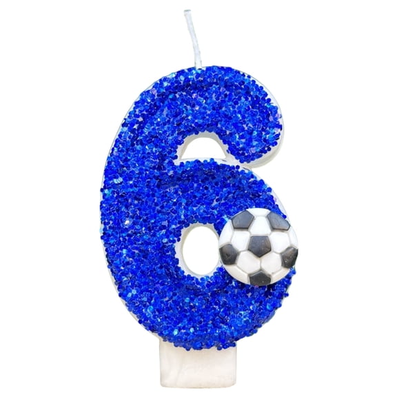 YOLOKE Birthday Soccer Cake Topper - Blue Glitter Candle for Cupcakes - Soccer Theme Cake Decorations for Kids and Adults Birthday Party, Number 6