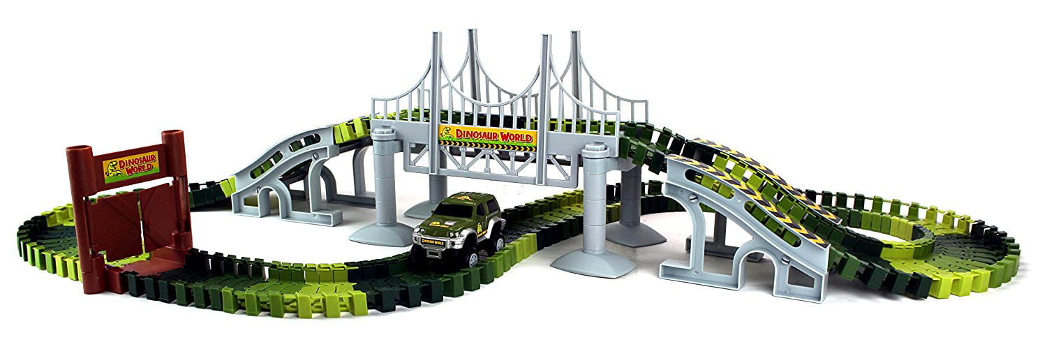 Dinosaur World Bridge Create A Road 142pc Toy Car & Flexible Track Playset w/Car 