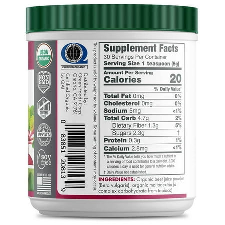 Green Foods - Organic Beet Essence Juice Powder- Nitric Oxide Super Food, Wholefood Antioxidant, Natural Pre Workout, Energy, Endurance, Detox, Heart Health 5.3oz 30 Servings