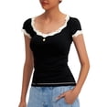 thumbnail image 2 of T Shirts for Women 2026 Summer Short Sleeve Lace Trim Scoop Neck Casual Slim Fit Tshirt Y2k Going out Top, 2 of 7