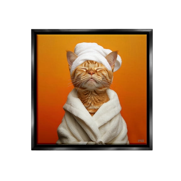 Stupell Industries Cat in Bathrobe Animals & Insects Painting Black Floater Framed Canvas Art Print Wall Art, 18 x 18
