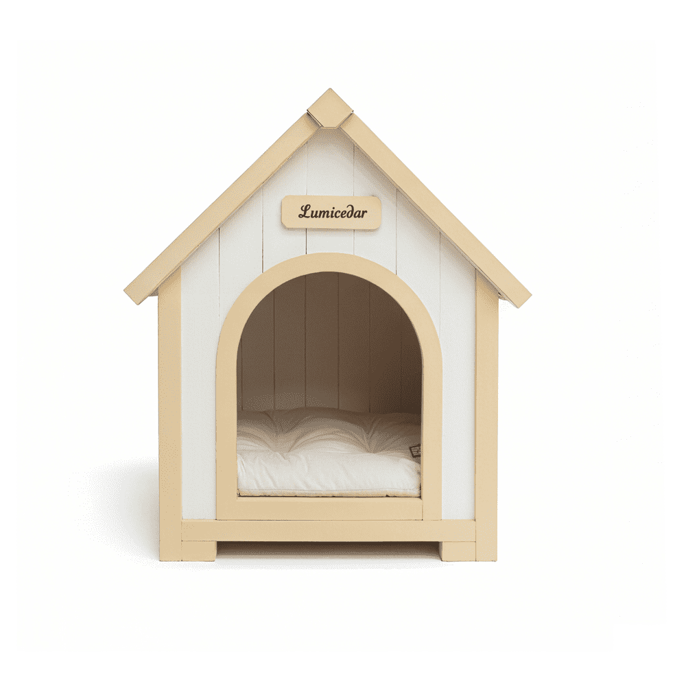 Solid Cedar Pet House – Cream-Yellow Cabin-Style Indoor Shelter for Small Dogs and Cats
